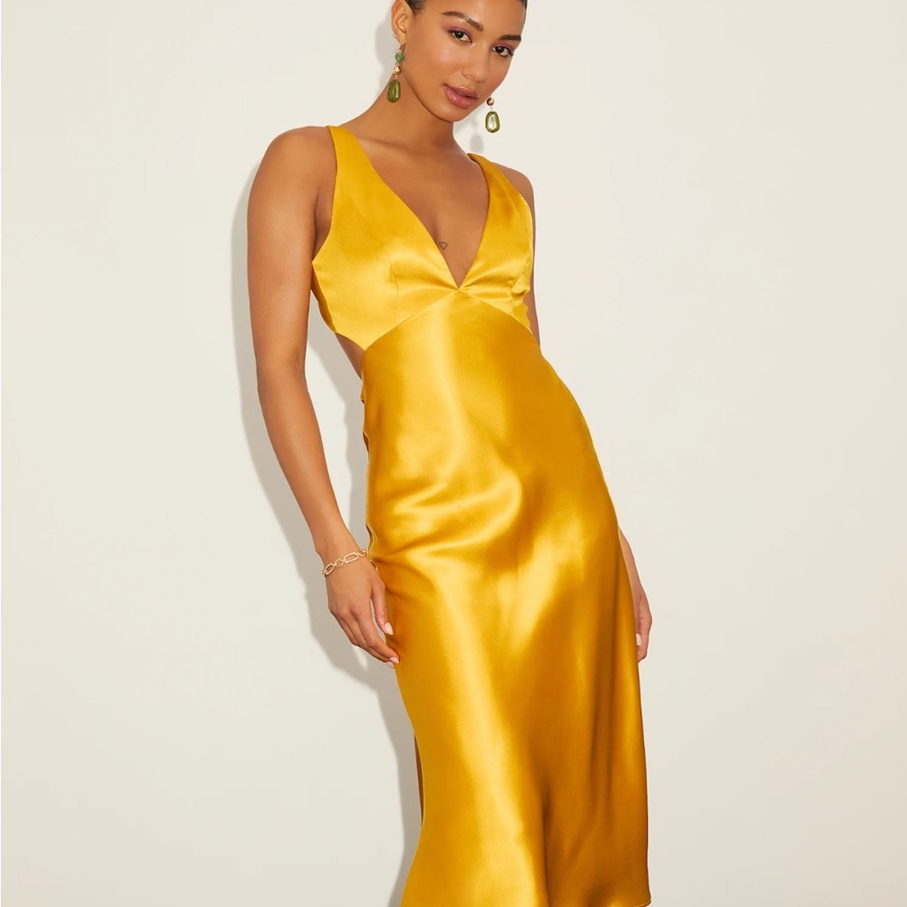 Lulu's Gold Sheath Midi Dress Plunge Neckline Sleeveless